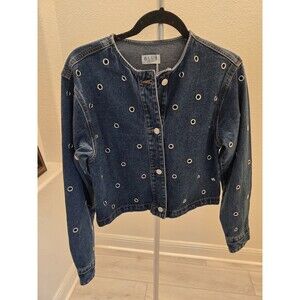 ​Blue Artemis Medium Silver Grommet Eyelet Collarless Denim Jacket Women Blue